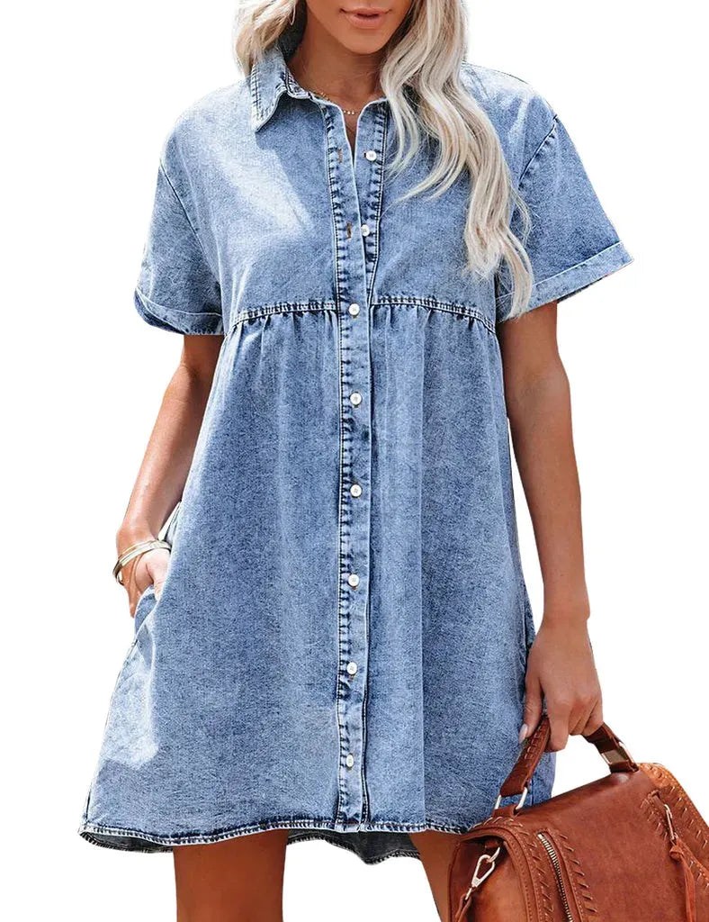 Women's Short Sleeve Button Down Flowy Tiered Babydoll Denim Dress（Buy 2 Free Shipping）