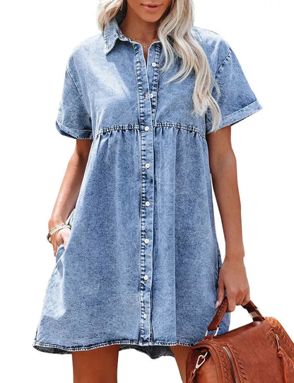 Women's Short Sleeve Button Down Flowy Tiered Babydoll Denim Dress（Buy 2 Free Shipping）