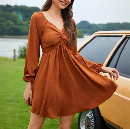 Sweetheart Neck Twist Front Lantern Sleeve A-line Mini Dress