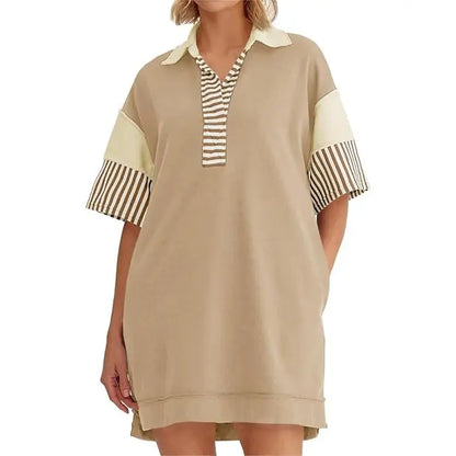 Women's Polo V Neck T Shirt Dress Casual Summer Oversized Color Block Short Sleeve Sweatshirt Mini Dresses
