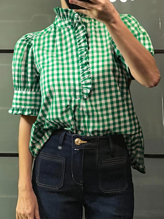 Grid Smart Ruffles Trim Puff Sleeve Blouse(BUY 2 FREE SHIPPING)