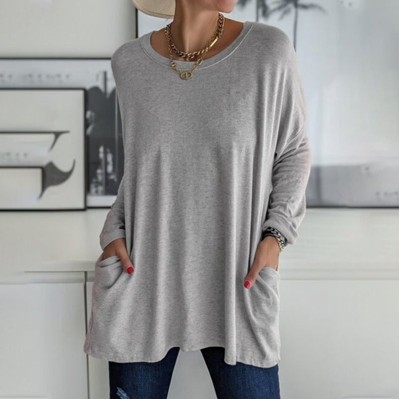 HOT SALE-Round Neck Long Sleeve Loose Pocket Solid T-Shirt