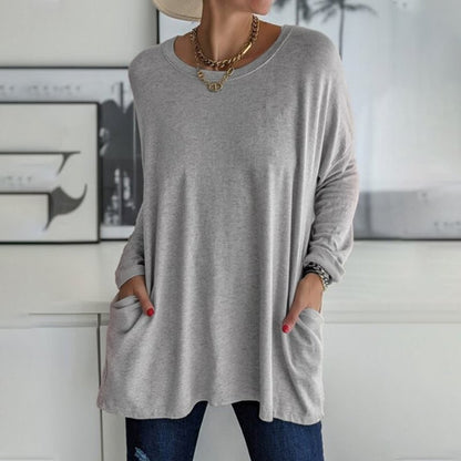 HOT SALE-Round Neck Long Sleeve Loose Pocket Solid T-Shirt
