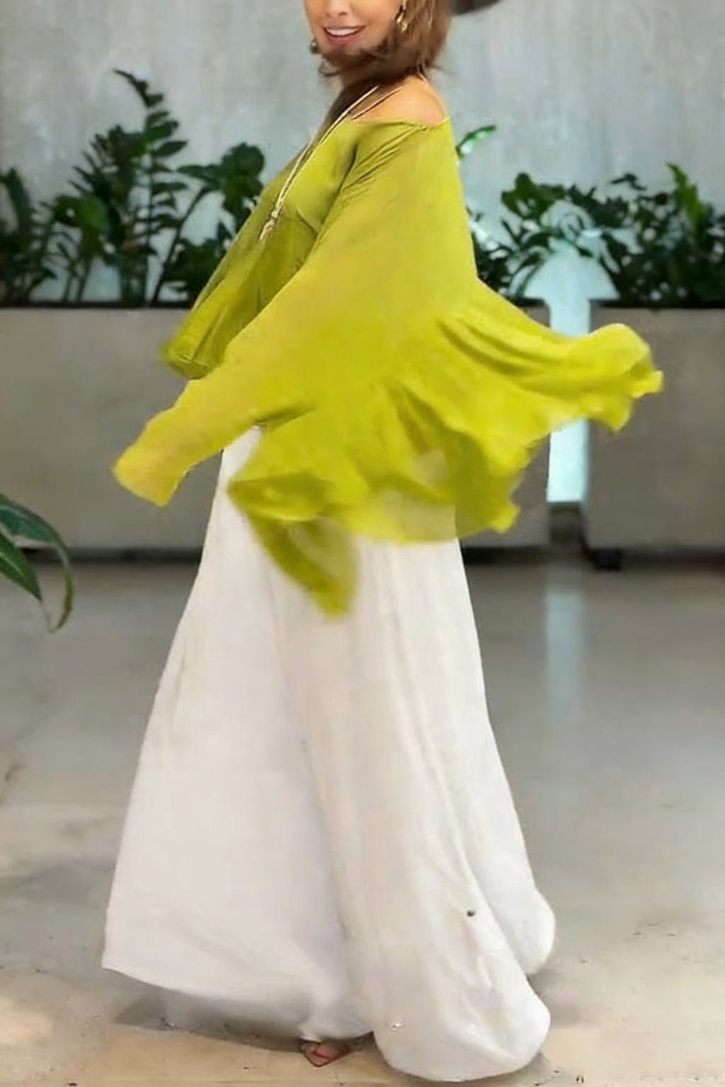 Romantic Journey Chiffon Ruffle Batwing Sleeve Top and Elastic Waist Pocket Loose Pants