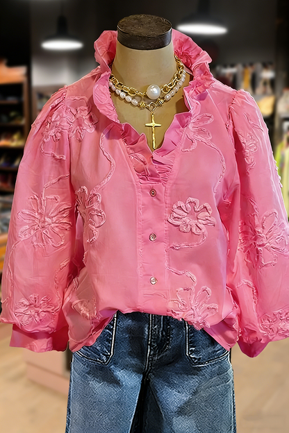 🔥🔥🔥🔥Embroidered Flower Ruffle Neck Puff Sleeve Top(BUY 2 FREE SHIPPING)