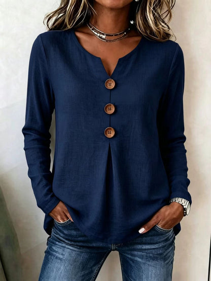 Retro Large Button V Neck Casual Long Sleeve Shirt