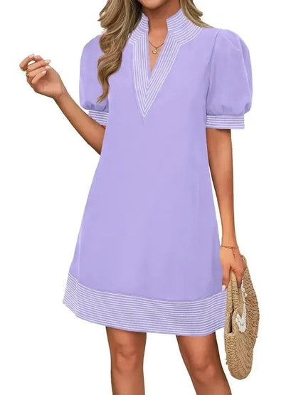 Women's Floral Stripe Trim Puff Sleeve Mini Dress