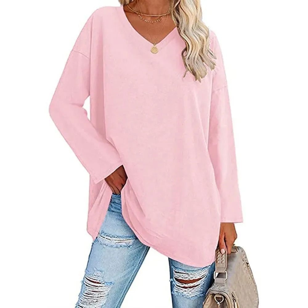 WOMENS LOOSE FASHION V-NECK TOP SHORT & LONG OPTION