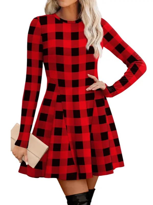 🔥Hot Sale-Women Crew Neck Long Sleeve Fit-and-Flare A-Line Sweater Dress