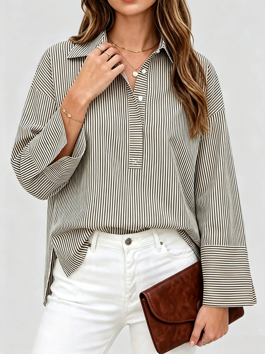 Hot Sale-Women Casual Striped Print Long Sleeve Collared Button Front Loose Shirt