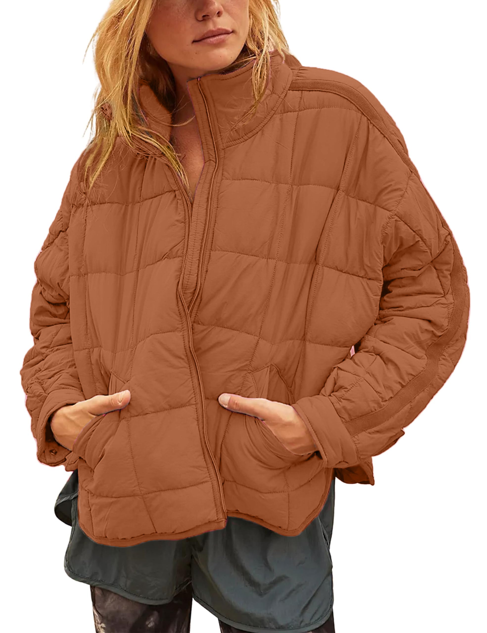 Women Lightweight Loose Fit Long Sleeve Zip Front Quilted Puffer Jacket