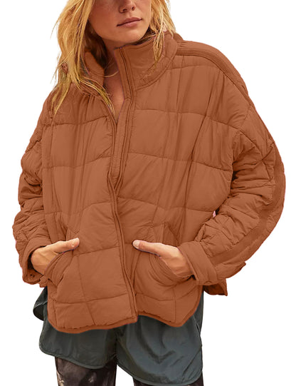 Women Lightweight Loose Fit Long Sleeve Zip Front Quilted Puffer Jacket