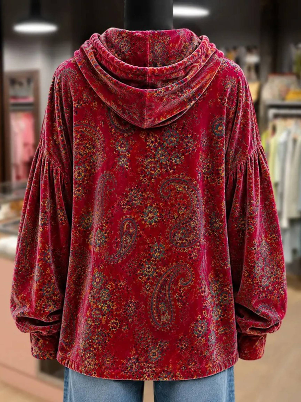Hot Sale-Women Vintage Paisley Print Velvet Hoodie Top