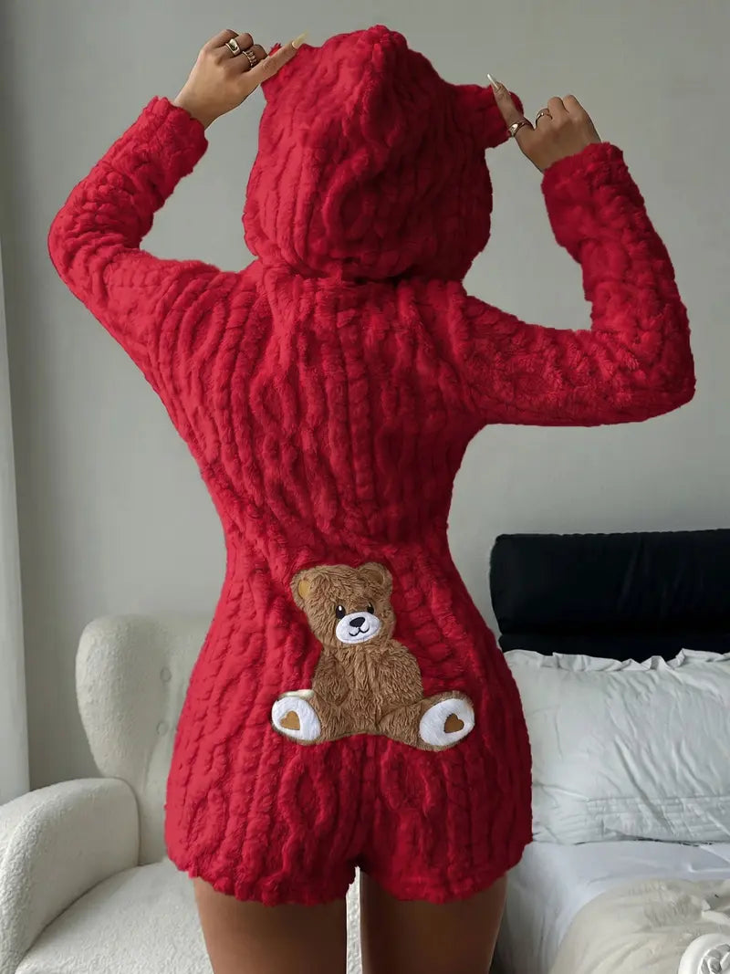 Cute Teddy Bear  Hooded Fleece Romper