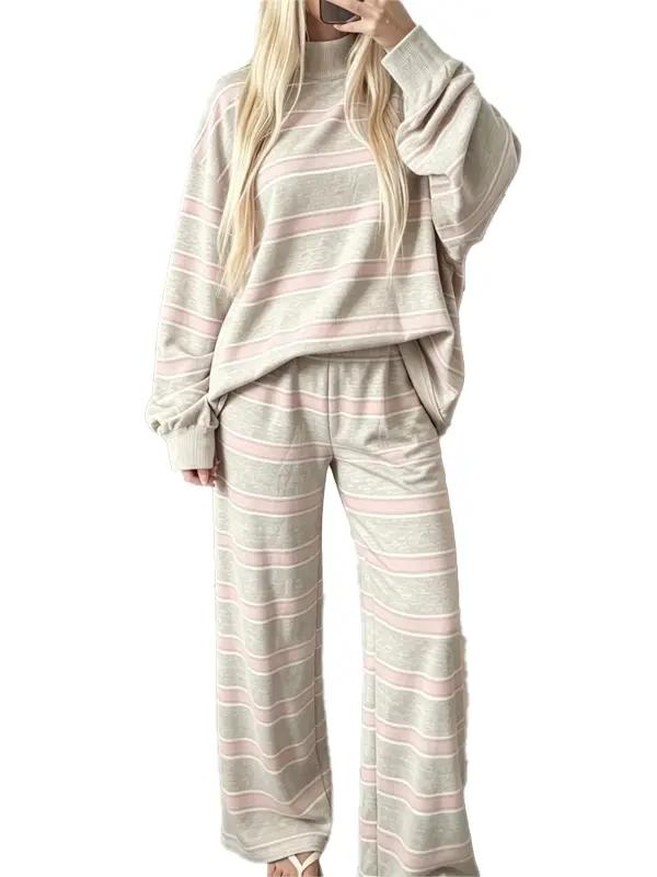 Women Striped Mock Neck 2 Piece Lounge Matching Set