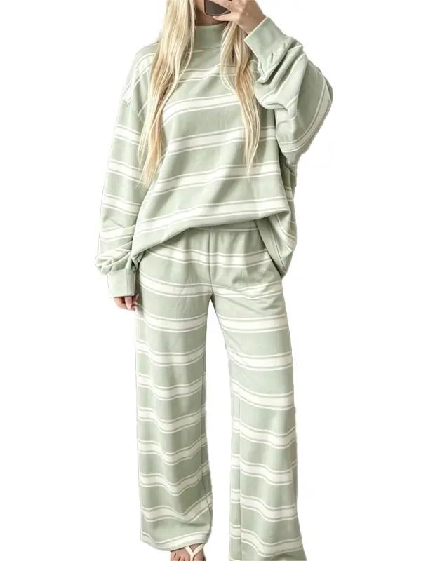 Women Striped Mock Neck 2 Piece Lounge Matching Set
