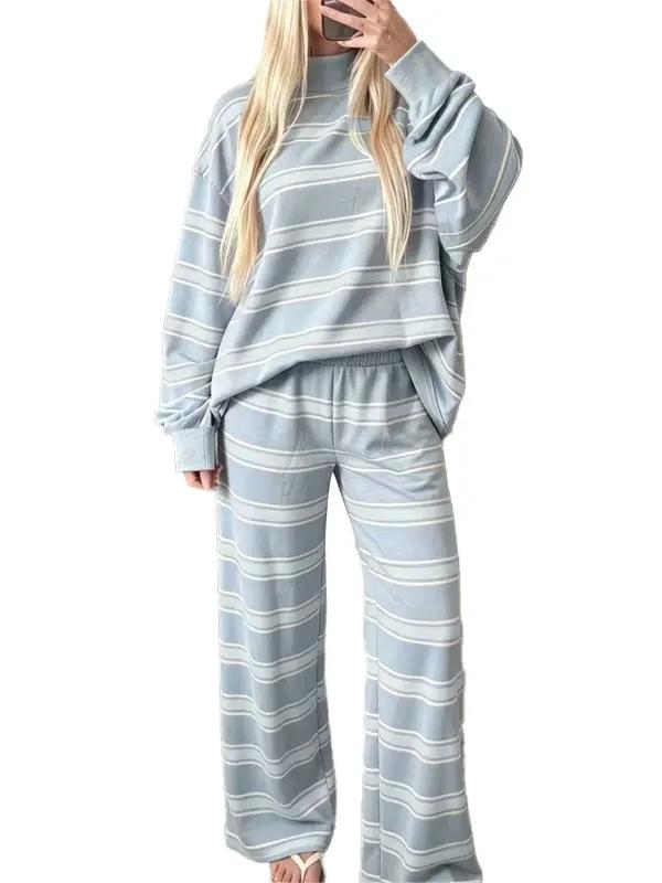 Women Striped Mock Neck 2 Piece Lounge Matching Set