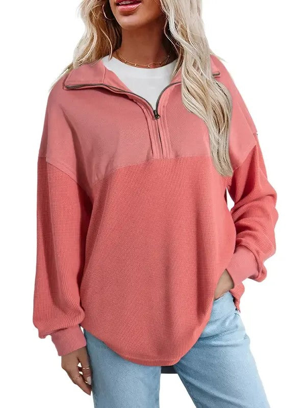 Women's Half Zip Waffle Knit Pullover Top