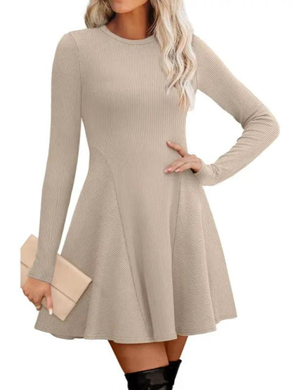 🔥Hot Sale-Women Crew Neck Long Sleeve Fit-and-Flare A-Line Sweater Dress