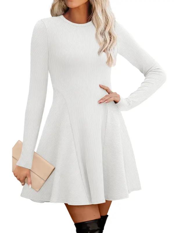 🔥Hot Sale-Women Crew Neck Long Sleeve Fit-and-Flare A-Line Sweater Dress