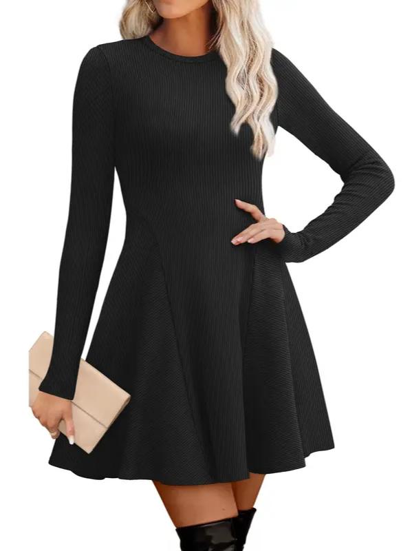 🔥Hot Sale-Women Crew Neck Long Sleeve Fit-and-Flare A-Line Sweater Dress