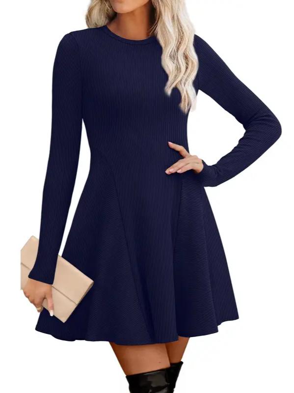 🔥Hot Sale-Women Crew Neck Long Sleeve Fit-and-Flare A-Line Sweater Dress