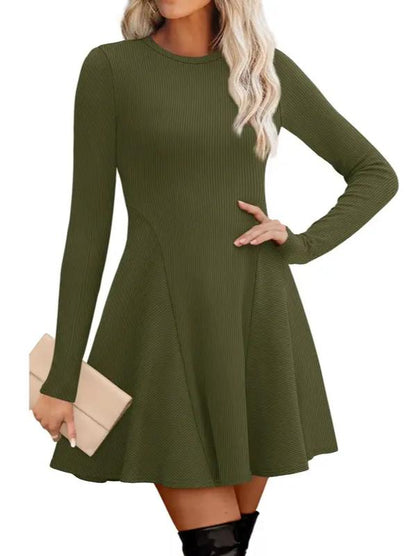🔥Hot Sale-Women Crew Neck Long Sleeve Fit-and-Flare A-Line Sweater Dress