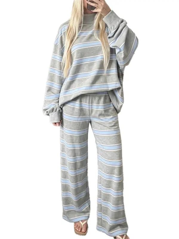 Women Striped Mock Neck 2 Piece Lounge Matching Set