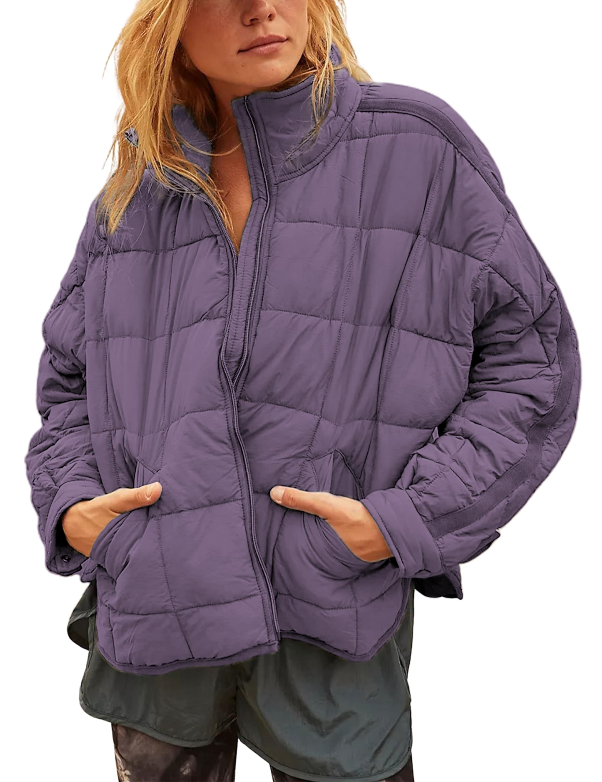 Women Lightweight Loose Fit Long Sleeve Zip Front Quilted Puffer Jacket