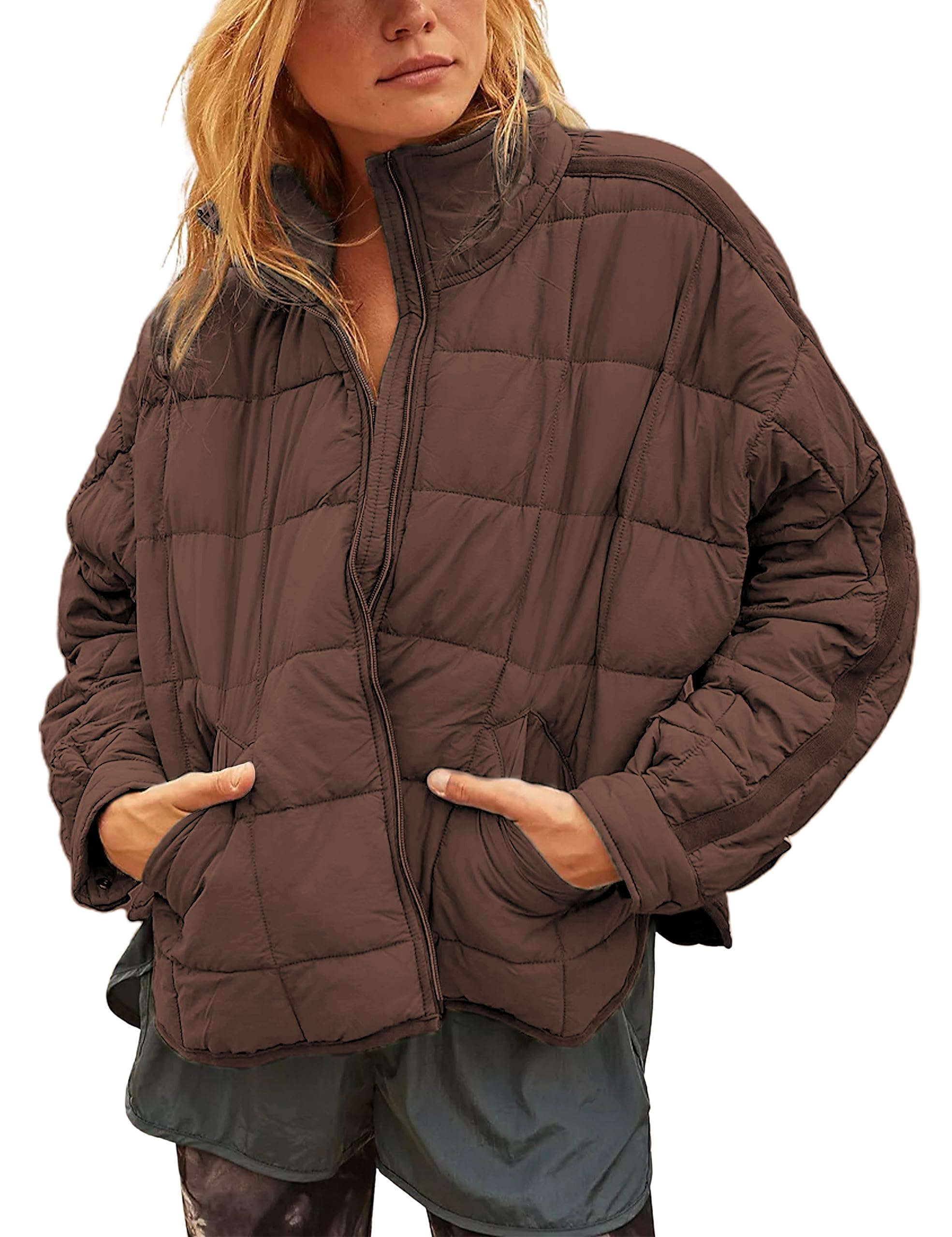 Women Lightweight Loose Fit Long Sleeve Zip Front Quilted Puffer Jacket