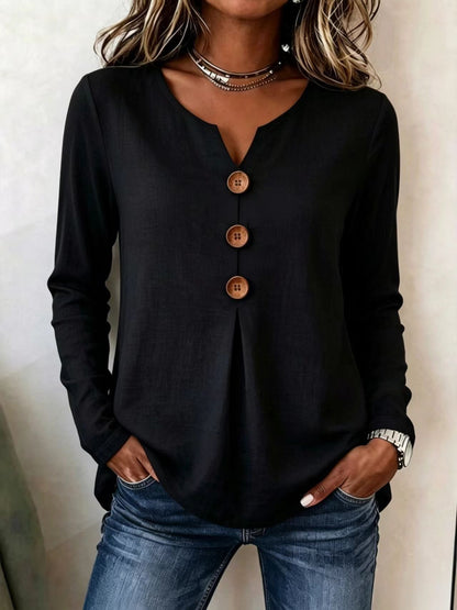 Retro Large Button V Neck Casual Long Sleeve Shirt