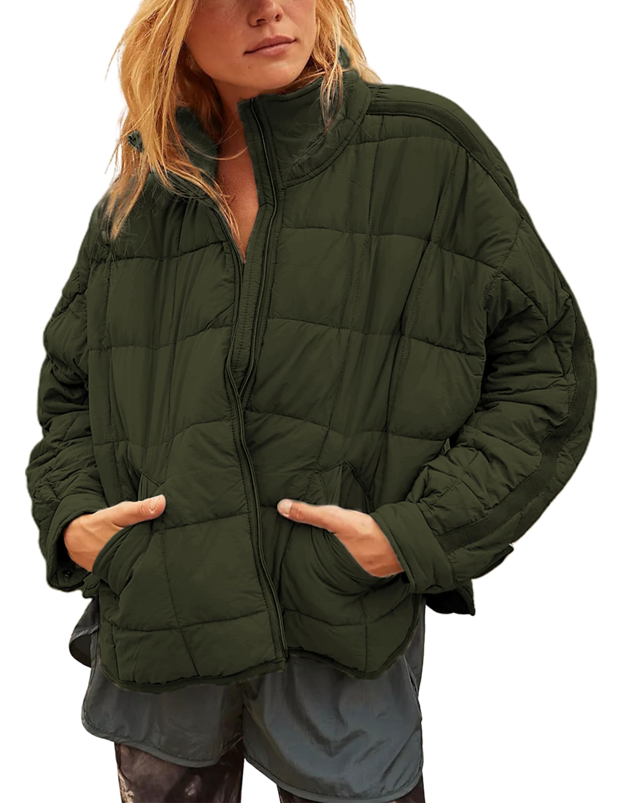 Women Lightweight Loose Fit Long Sleeve Zip Front Quilted Puffer Jacket