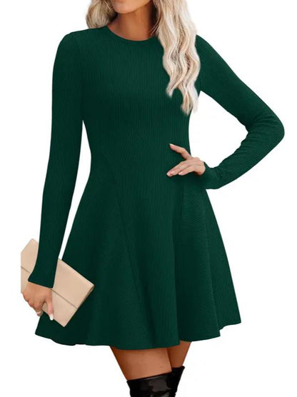 🔥Hot Sale-Women Crew Neck Long Sleeve Fit-and-Flare A-Line Sweater Dress