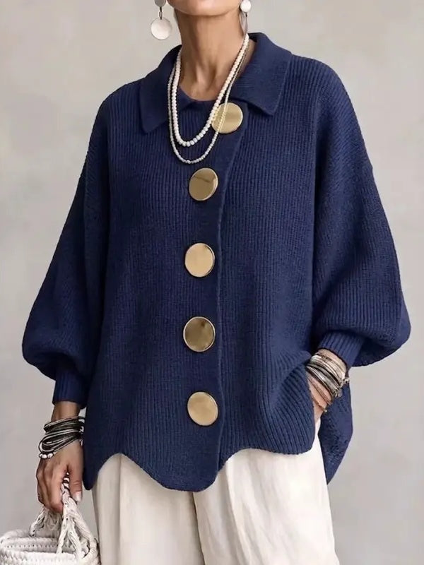 Women French Lapel Irregular Hem Lantern Sleeve Knit Cardigan