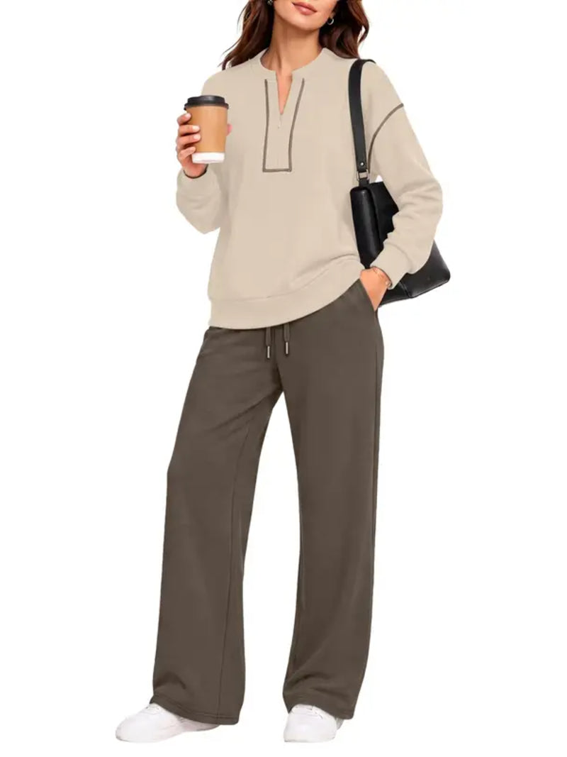 Contrast-Stitch Notched Neck 2-Piece Loungewear Set