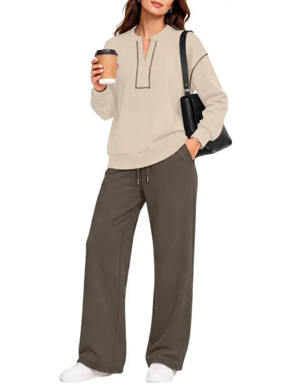 Contrast-Stitch Notched Neck 2-Piece Loungewear Set