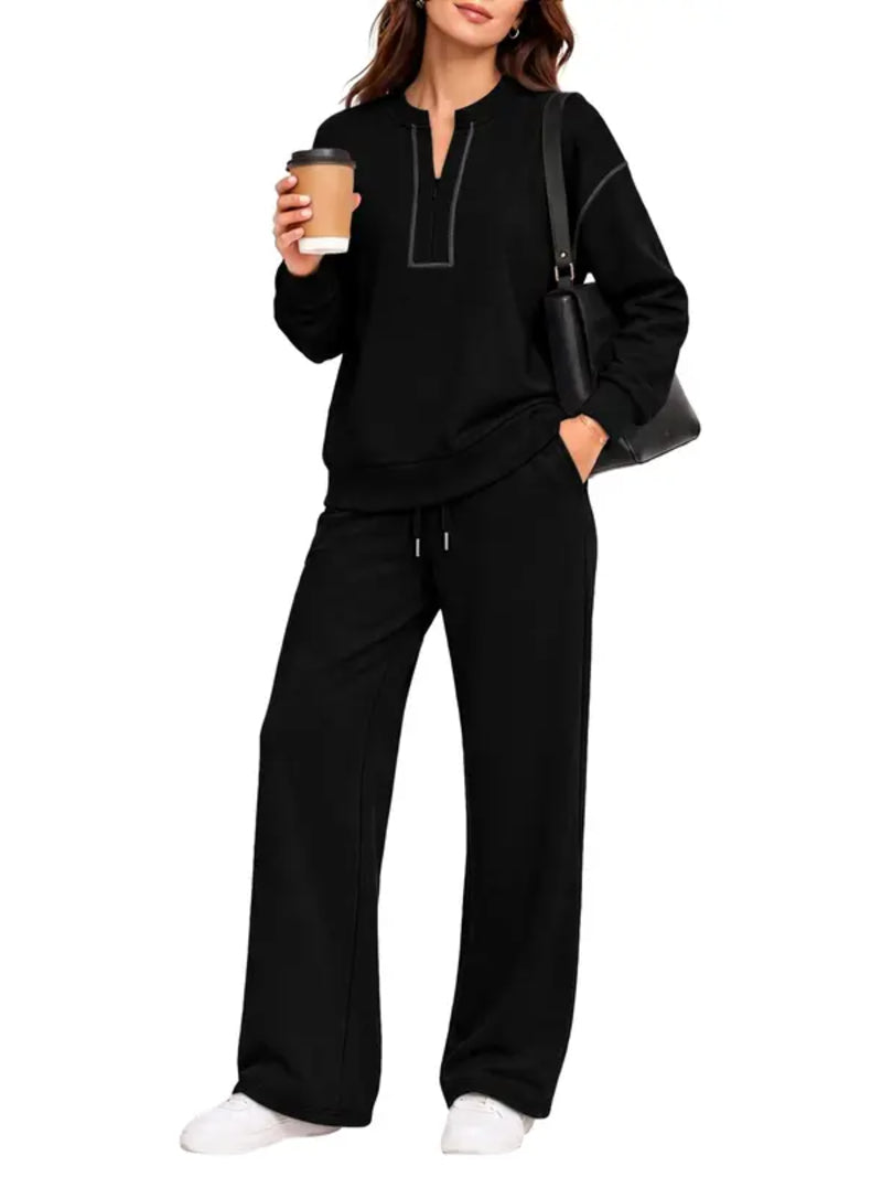 Contrast-Stitch Notched Neck 2-Piece Loungewear Set