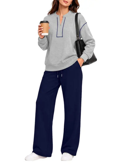 Contrast-Stitch Notched Neck 2-Piece Loungewear Set