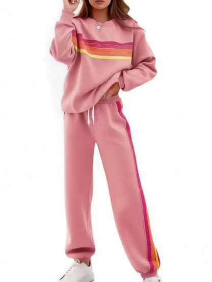 Women Retro Rainbow Stripe 2 Piece Sweat Loungewear Set