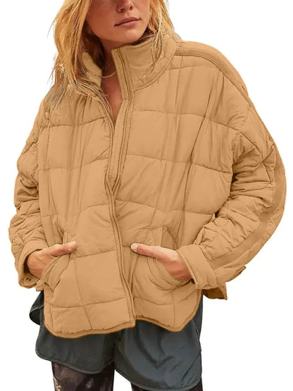 Women Lightweight Loose Fit Long Sleeve Zip Front Quilted Puffer Jacket