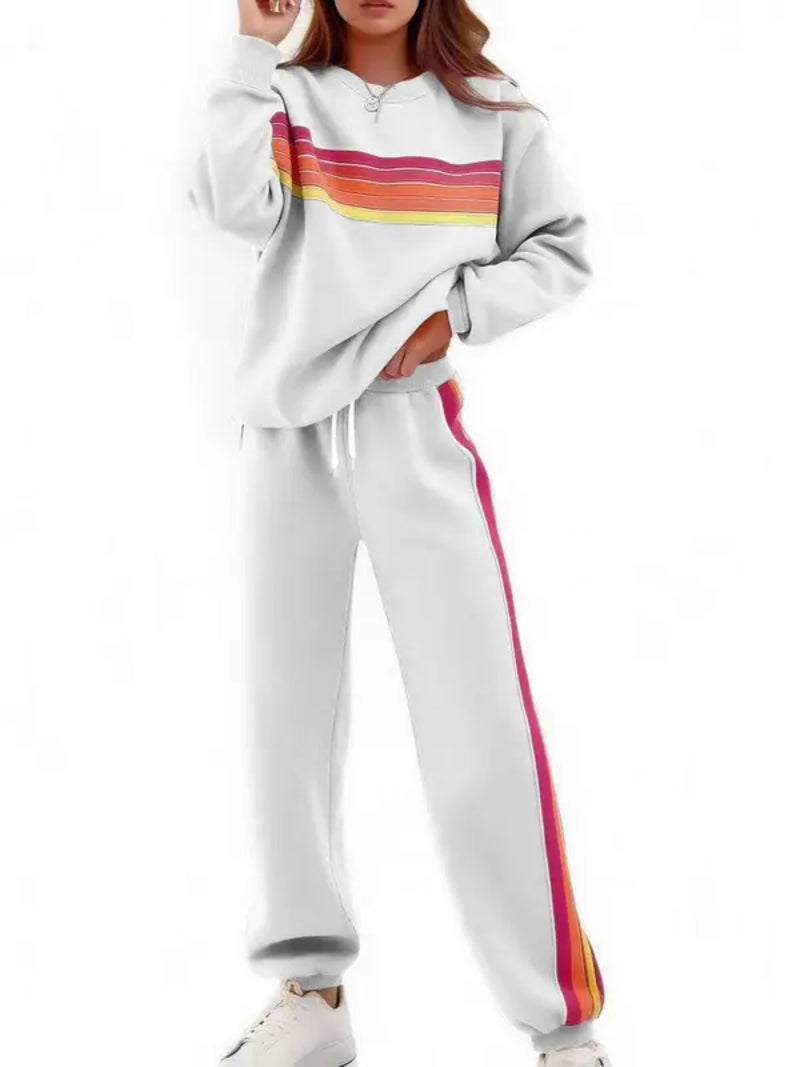 Women Retro Rainbow Stripe 2 Piece Sweat Loungewear Set