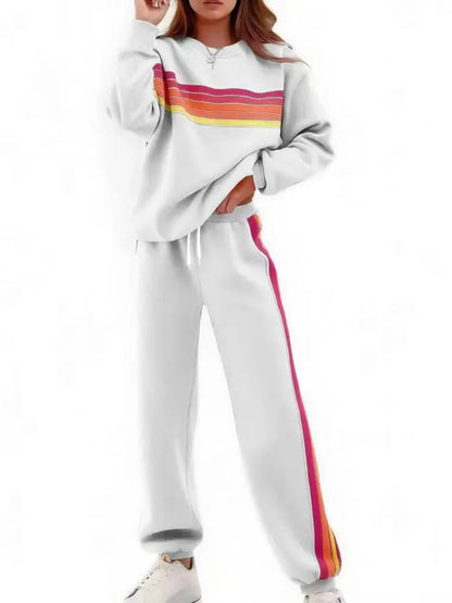Women Retro Rainbow Stripe 2 Piece Sweat Loungewear Set