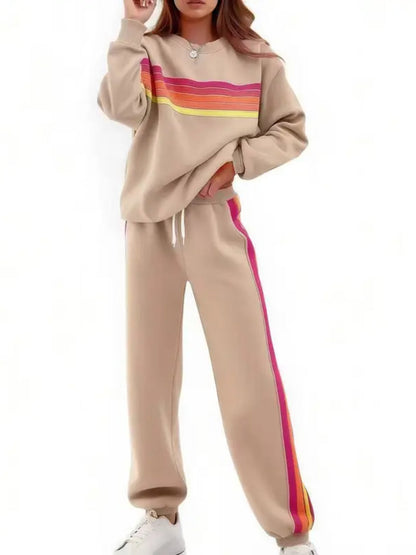 Women Retro Rainbow Stripe 2 Piece Sweat Loungewear Set
