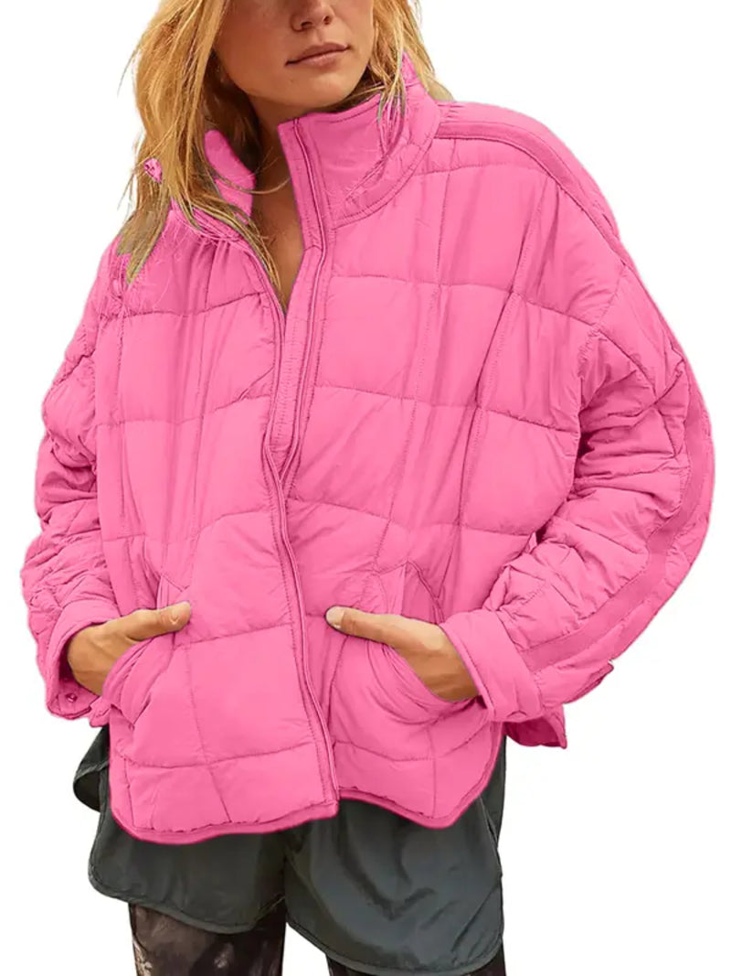Women Lightweight Loose Fit Long Sleeve Zip Front Quilted Puffer Jacket