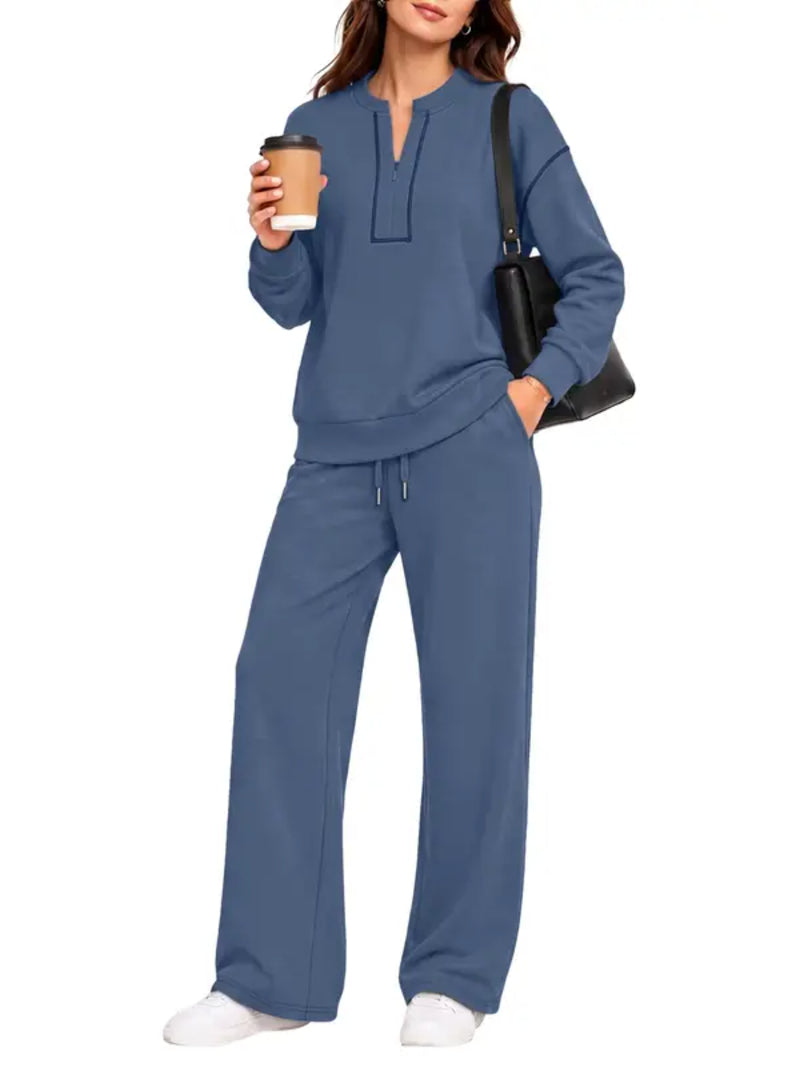 Contrast-Stitch Notched Neck 2-Piece Loungewear Set
