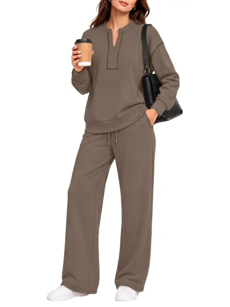 Contrast-Stitch Notched Neck 2-Piece Loungewear Set