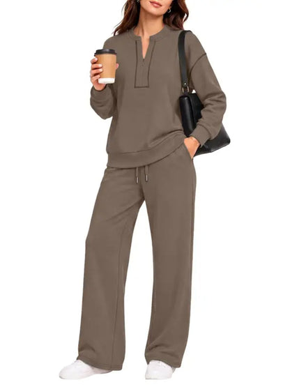 Contrast-Stitch Notched Neck 2-Piece Loungewear Set