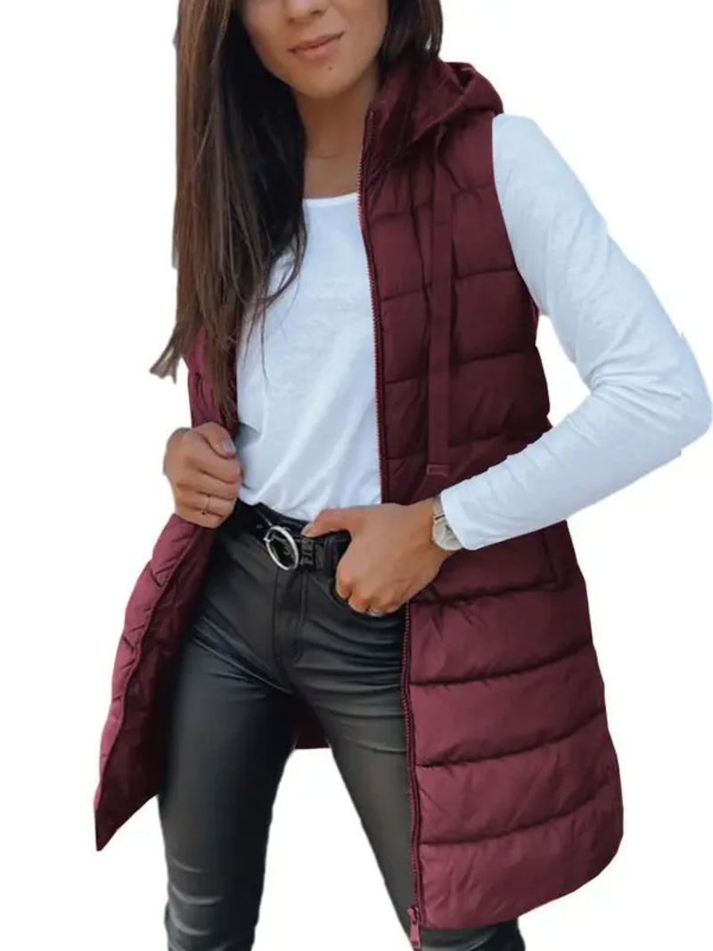 Women Solid Long Hooded Puffer Vest Side Slit Outerwear With Pockets