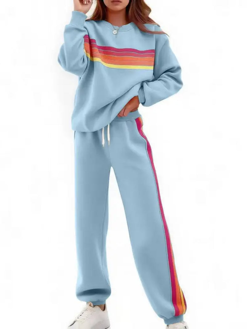 Women Retro Rainbow Stripe 2 Piece Sweat Loungewear Set