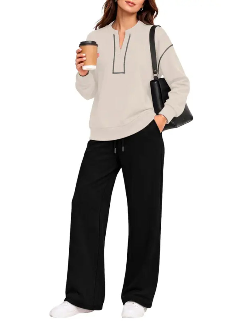 Contrast-Stitch Notched Neck 2-Piece Loungewear Set